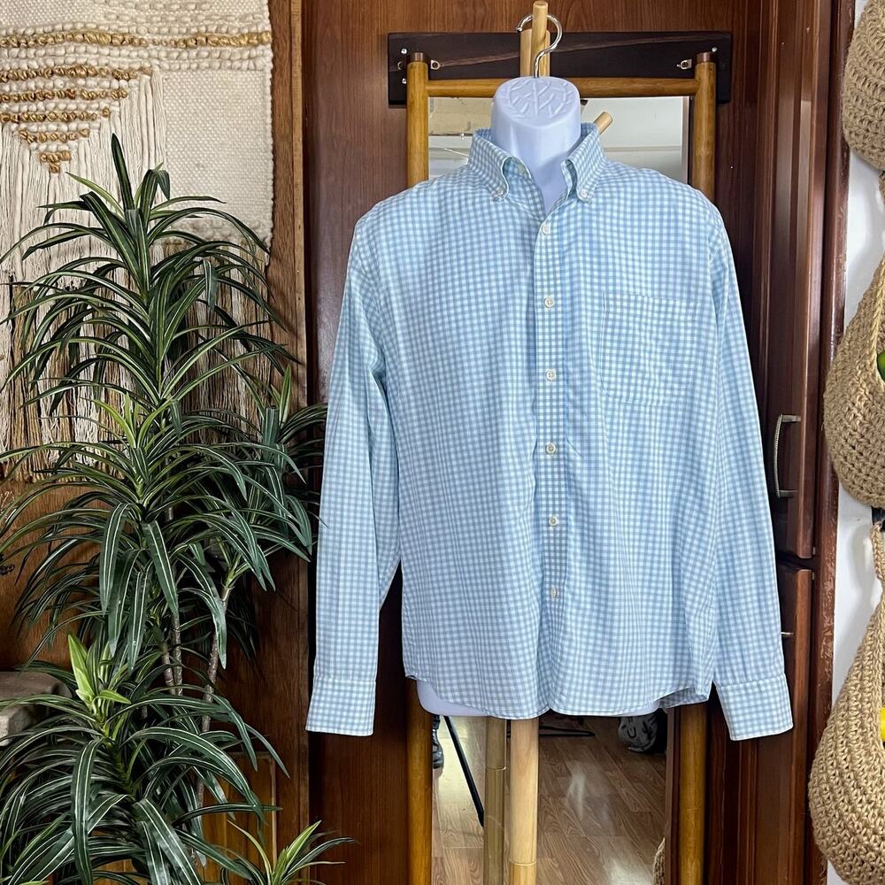 Faherty Gingham Shirt Mens M Light Blue Cotton Stretch Button Up Coastal Casual